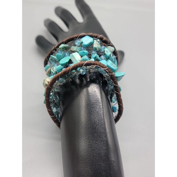 Chunky Turquoise Open Cuff Bracelet Wire Stitched Stones Handcrafted Size 7.5" - Picture 12 of 16